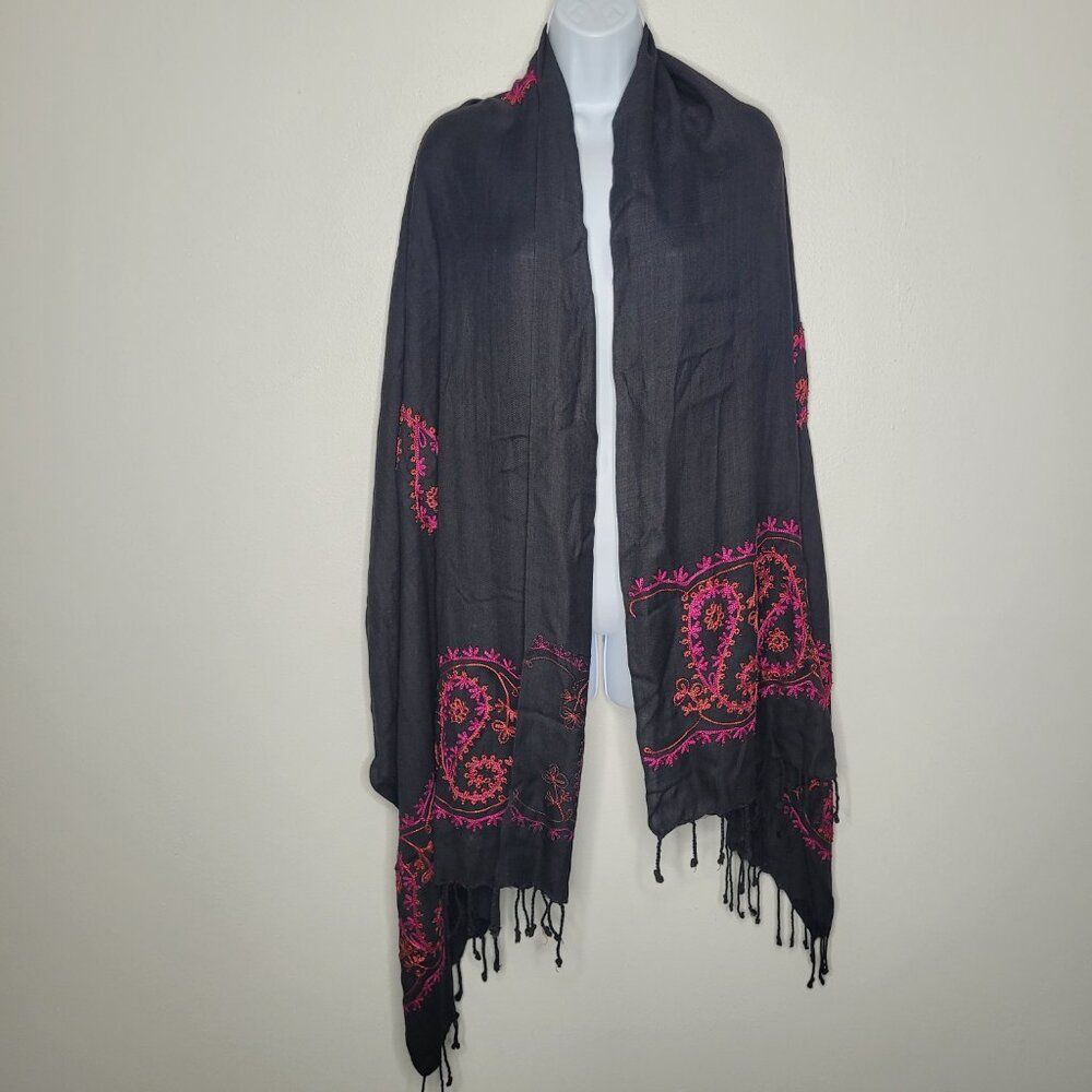 Black pink orange beaded embroidered dark boho fringe scarf shawl